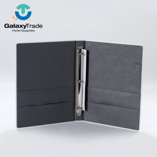 Internal view of a Marriott Shanghai Luwan branded luxury hotel 3-ring binder in grey faux leather with document pockets and pen loop.