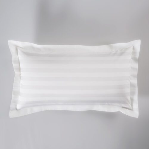 Premium white 3cm stripe hotel bedding set with a high-density sateen finish and flanged pillowcases.