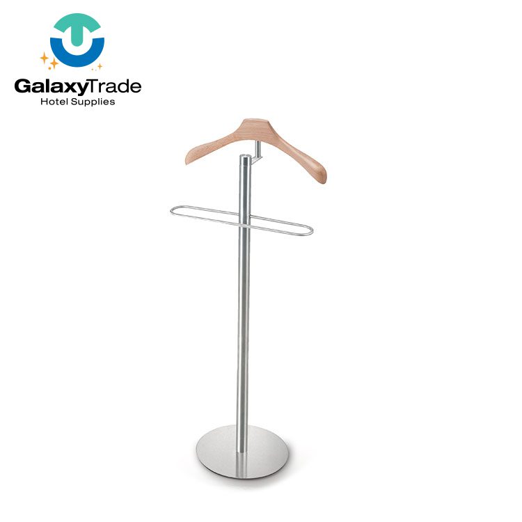 Modern Stainless Steel Executive Suit Valet Stand – Slim Free Standing Clothes Organizer with Weighted Circular Base, Integrated Accessory Tray, and Dual Trouser Bars - Image 2