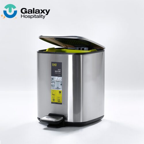 A professional shot of a Square Stainless Steel Silent Step Trash Can with its soft-close lid partially open.