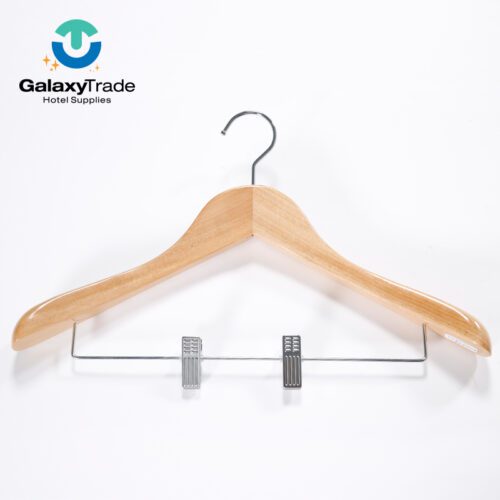 A professional product shot of a Honeyson natural solid wood hotel hanger featuring adjustable chrome metal clips and a swivel hook.