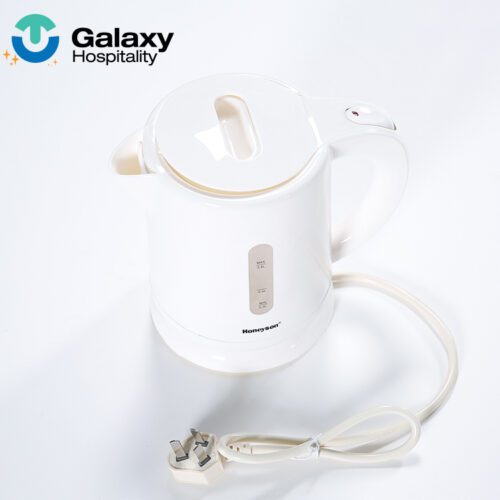 A professional product shot of a Professional 0.8L White Electric Kettle with a 3-pin plug and water level indicator.