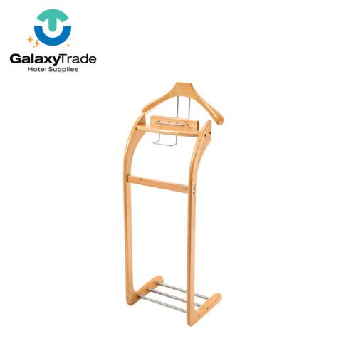 A professional product shot of a Natural Finish Solid Wood Executive Suit Valet Stand with a slant-back frame.