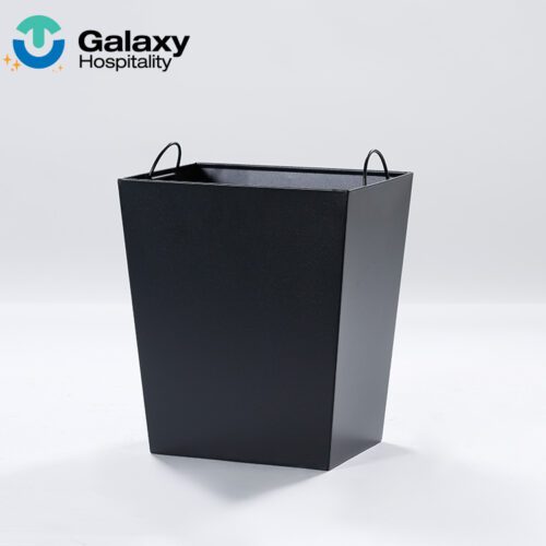 A professional product shot of a Square Metal Hotel Guest Room Trash Can in matte black, showcasing its dual-handle inner liner.
