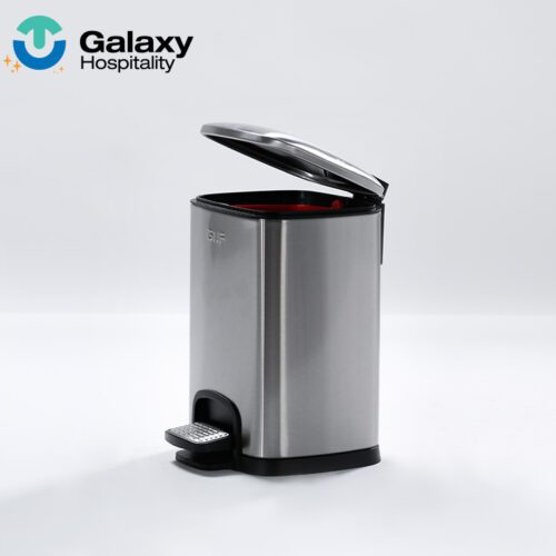 A professional shot of a Square Stainless Steel Step Trash Can with its soft-close lid partially open.