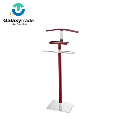 A professional product shot of a Modern Slim Mahogany Executive Suit Valet Stand with a square chrome base.