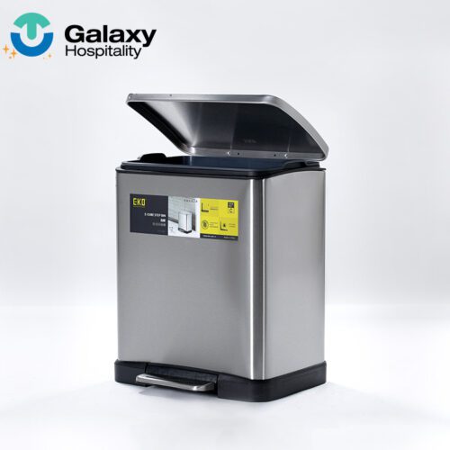 A professional shot of a Square Stainless Steel Silent Step Trash Can from the E-CUBE series with its lid open.