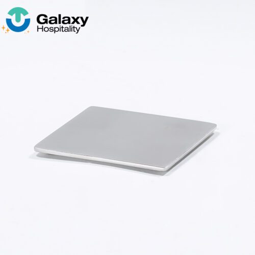 A professional studio shot of a Stainless Steel Square Tray featuring an ultra-slim profile and a mirror-polished silver finish.