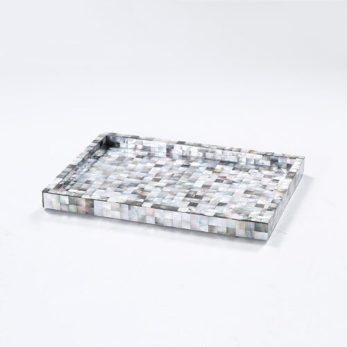 A professional studio photograph of a rectangular Natural Shell Inlay Guest Room Tray featuring a full-surface iridescent mosaic and raised borders.