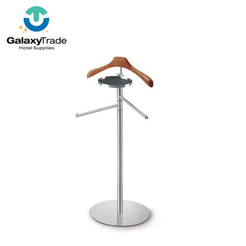 A professional product shot of a Modern Stainless Steel Executive Suit Valet Stand with a circular base and wooden hanger.