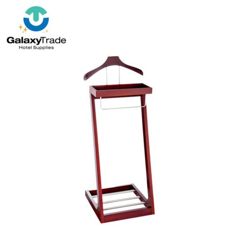 A professional product shot of a Modern Slant-Back Mahogany Wood Executive Suit Valet Stand featuring an accessory tray.