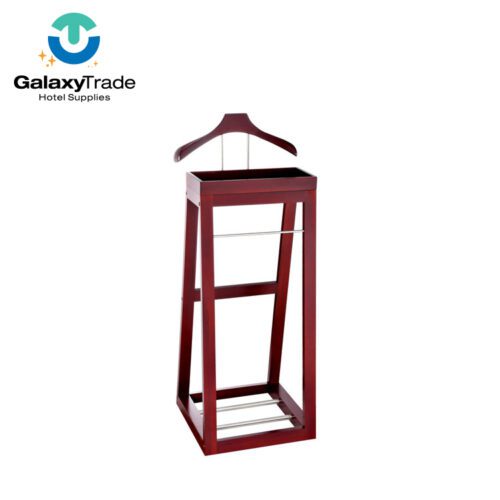 A professional shot of a Classic Mahogany Wood Executive Suit Valet Stand featuring a built-in tray and trouser bar.