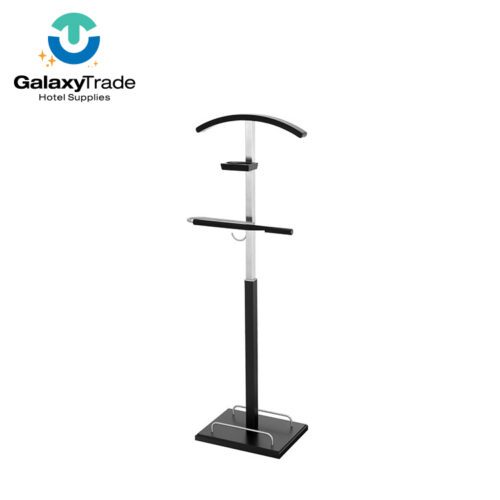 A professional product shot of a Modern Free Standing Executive Suit Valet Stand in black and stainless steel.