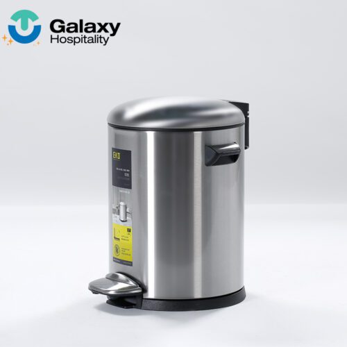 A professional shot of a Domed Stainless Steel Step Trash Can with its lid partially open to show the soft-close feature.