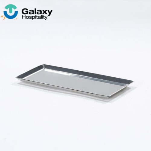 A professional studio shot of a Stainless Steel Rectangular Tray featuring a mirror-polished finish and a minimalist low-profile design.