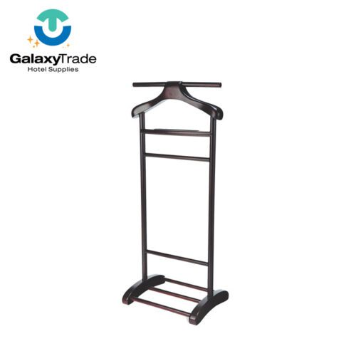 A professional product shot of a Classic Dark Walnut Wood Hotel Executive Suit Valet Stand with multiple horizontal bars.