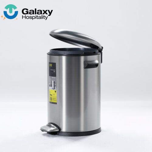 A professional shot of a Domed Stainless Steel Step Trash Can with its lid partially open to show the soft-close feature.