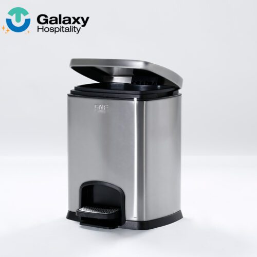 A professional product shot of a Square Stainless Steel Step Trash Can with its lid partially open, showing the soft-close mechanism.