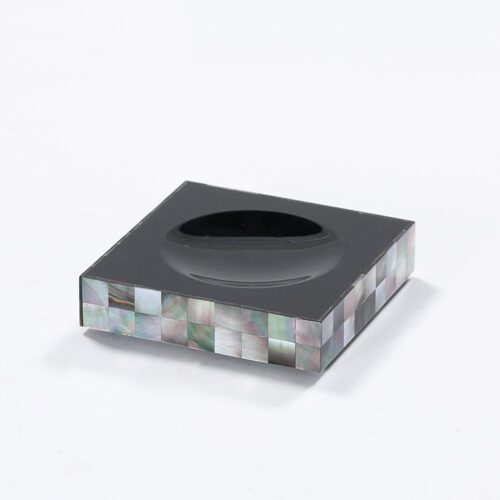 A professional studio shot of a square Natural Shell Inlay Ashtray featuring a black polished interior and shimmering mosaic edges.