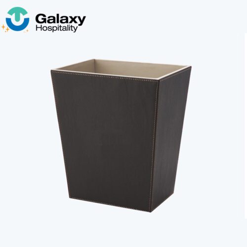 A professional shot of a Dark Brown Faux Leather Rectangle Waste Basket with a beige interior and visible perimeter stitching.