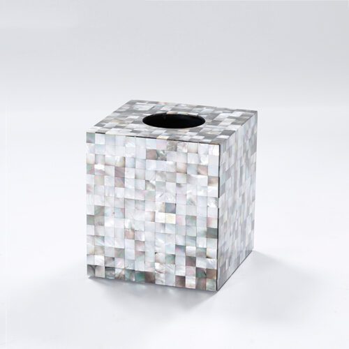A professional shot of a square Natural Shell Inlay Tissue Box Cover with an iridescent mosaic pattern and a circular top opening.