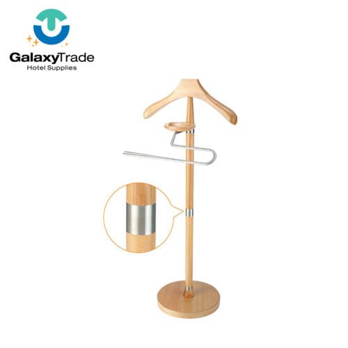 A professional product shot of a Modern Natural Wood Executive Suit Valet Stand with a circular base and chrome accents.