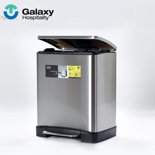 A professional studio shot of a rectangular Brushed Stainless Steel Step Bin with the lid partially open, showing the wide foot pedal and EKO brand labeling.