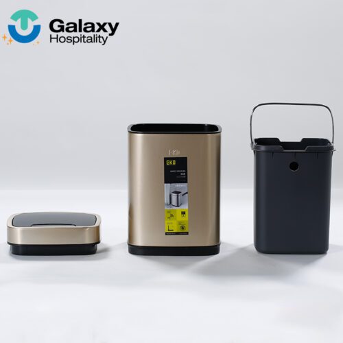 A professional product breakdown of a Champagne Gold Smart Sensor Trash Can showing its gold metallic casing, grey inner bucket with handle, and the sensor lid.