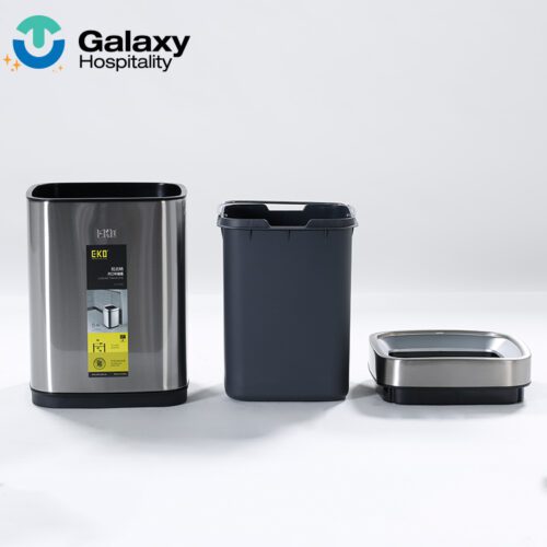A professional product display of a Brushed Stainless Steel Waste Bin showing the outer metallic shell, a dark grey removable inner bucket, and a matching stainless steel top lid.