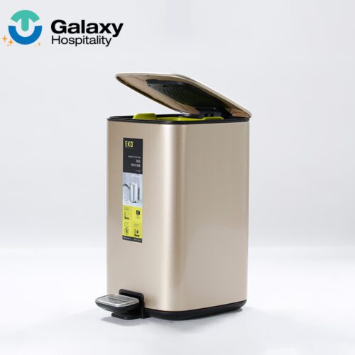 A professional product shot of an Elegant Champagne Gold Stainless Steel Step Trash Can with its soft-close lid partially open.