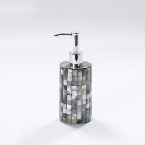 A professional shot of a cylindrical Natural Shell Inlay Lotion Dispenser with an iridescent mosaic pattern and a silver chrome pump head.