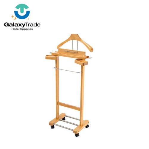 A professional product shot of a Natural Wood Mobile Executive Suit Valet Stand with dual side trays and wheels.