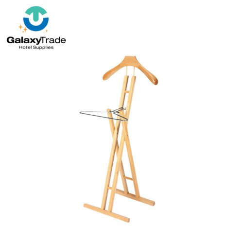 A professional product shot of a Minimalist Natural Wood Folding Executive Suit Valet Stand with a chrome trouser hanger.