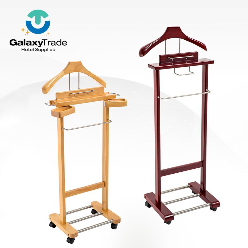 Natural Wood Mobile Executive Suit Valet Stand – Luxury Free Standing Clothes Rack with Dual Accessory Trays, Trouser Bar, and Lockable Casters for Hotel Suites - Image 2