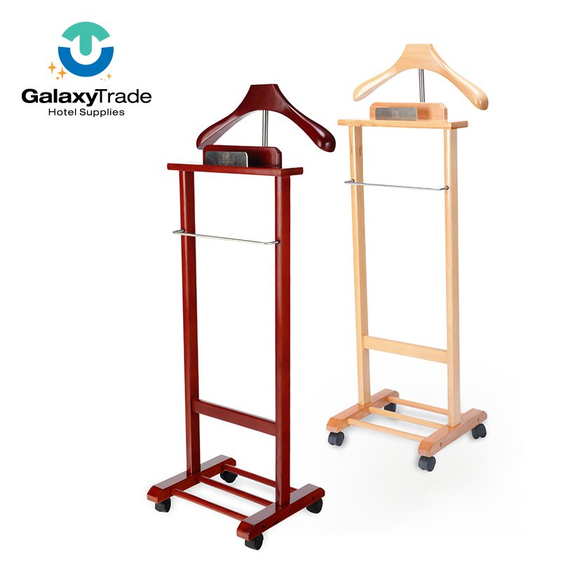 Natural Wood Mobile Executive Suit Valet Stand – Luxury Free Standing Clothes Rack with Dual Accessory Trays, Trouser Bar, and Lockable Casters for Hotel Suites - Image 3