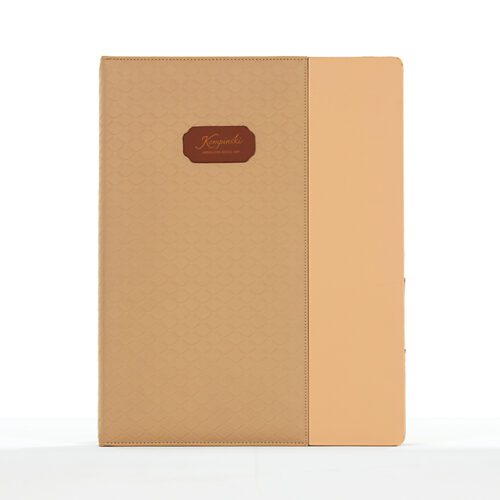 Organize your guest communications with the Custom Kempinski Service Directory. This professional information folder features a sophisticated beige faux leather exterior accented by a decorative diamond-embossed front cover. Additionally, the classic brown Kempinski logo patch and clean two-tone design provide a functional, branded touch for world-class hospitality environments. Consequently, this durable directory offers a premium way to present room service menus and hotel information.