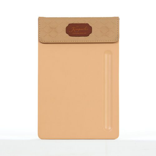 A professional product shot of a Kempinski branded beige faux leather memo pad holder with a diamond-patterned top flap.