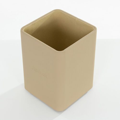 A top-down angled shot of a Marriott branded square-profile beige faux leather waste basket with a soft fabric interior lining.