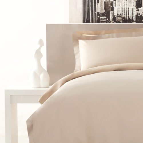 Luxury champagne hotel bedding set with minimalist satin border embroidery and Oxford pillowcases.