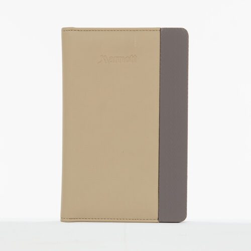 A front view of a Marriott branded beige faux leather guest service directory folder featuring a dark grey textured vertical accent on the right edge.