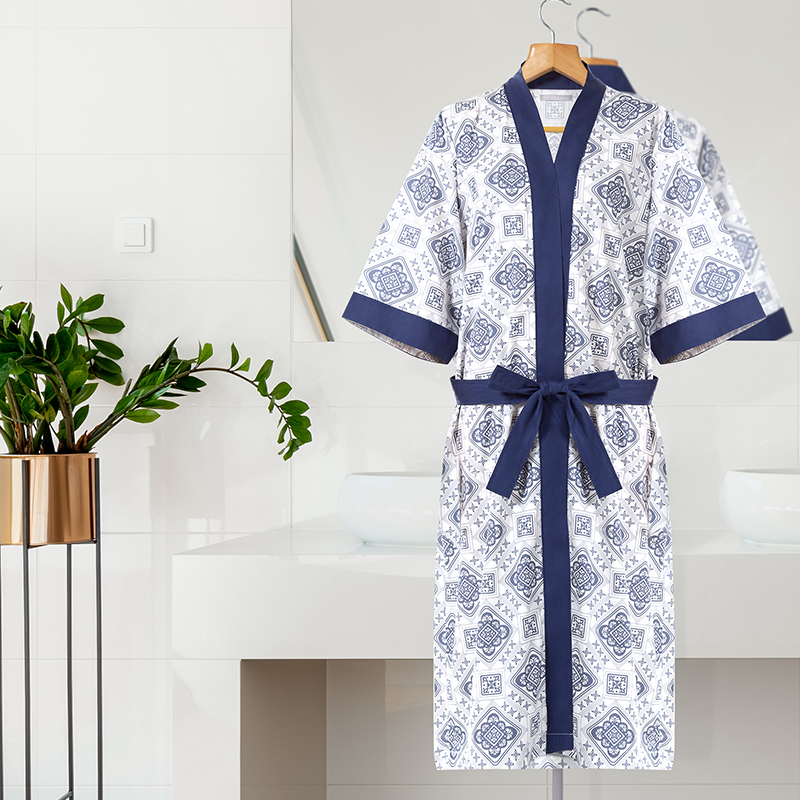 GALAXY luxury designer summer thin blue print bathrobe wholesale men custom logo sleep cotton Hotel spa robes bathrobe cheap price - Image 2