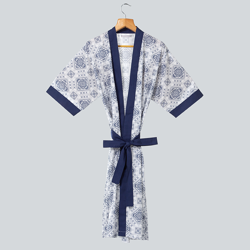 GALAXY luxury designer summer thin blue print bathrobe wholesale men custom logo sleep cotton Hotel spa robes bathrobe cheap price - Image 4