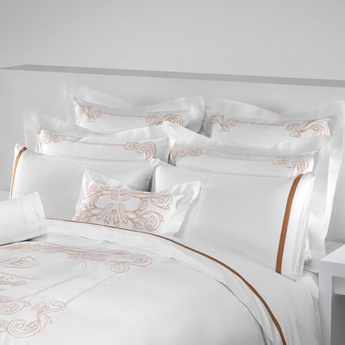 Luxury Copper Scroll Embroidery Bedding Set – Elegant White Hotel Duvet Cover with "Good Night" Detail