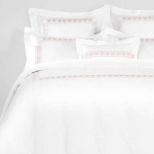 Luxury Champagne Geometric Border Bedding Set – Crisp White Embroidered Hotel Duvet Cover Collection