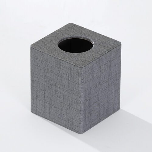 A professional product shot of a square grey faux leather tissue box cover with a modern linen-textured finish.