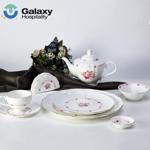 Nordic-Inspired Antique White Ceramic Dinnerware Set with Pink Pattern – Elegant Bone China Tableware for Hotels, Weddings, and Fine Dining