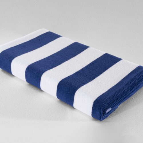 A neatly folded blue and white striped plush bath towel showing its thick cotton texture on a white surface.