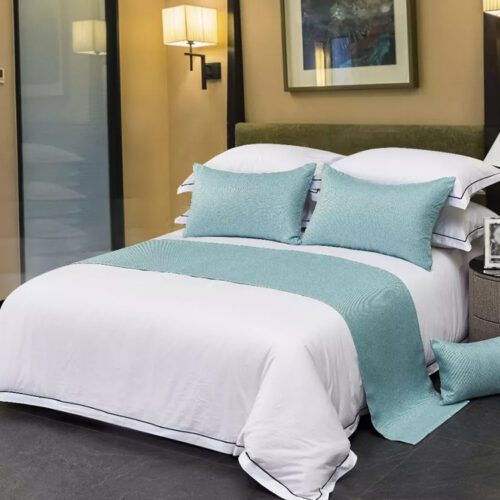 Minimalist Aqua Blue Bed Scarf Set – Premium Light Teal Micro-Texture Bed Runner with Matching Pillows for Modern Serene Hotel Bedrooms
