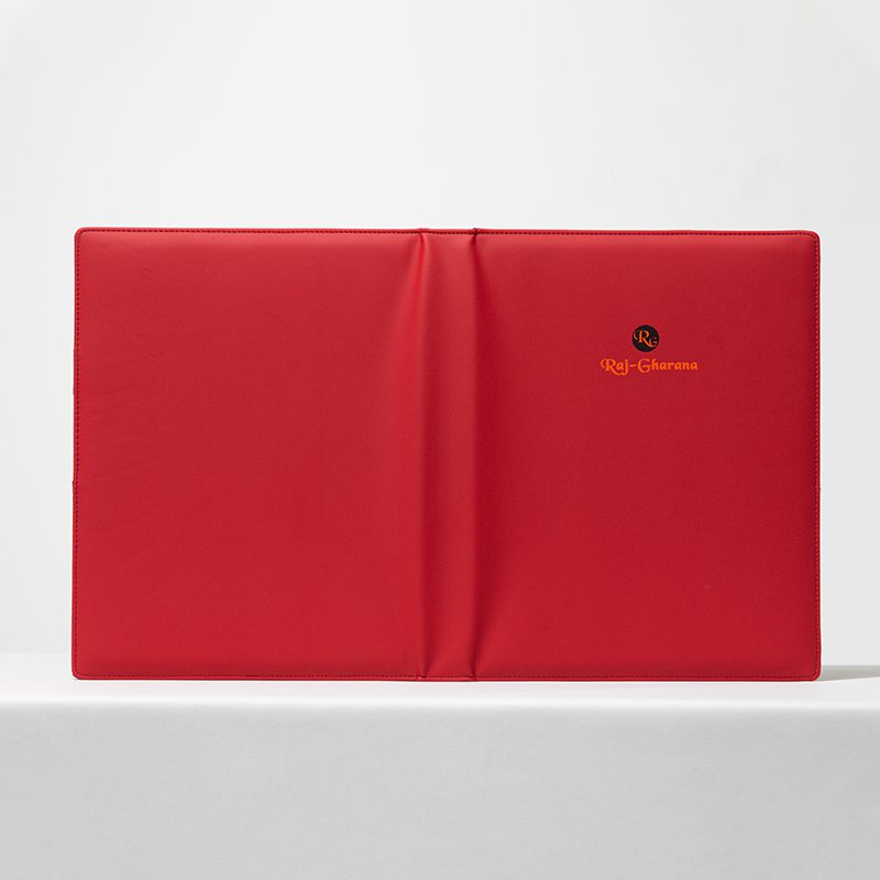 Custom Raj-Gharana Luxury Hotel Guest Directory – Premium Red Faux Leather Folder with Embroidered Brand Logo and Precision Perimeter Stitching - Image 3