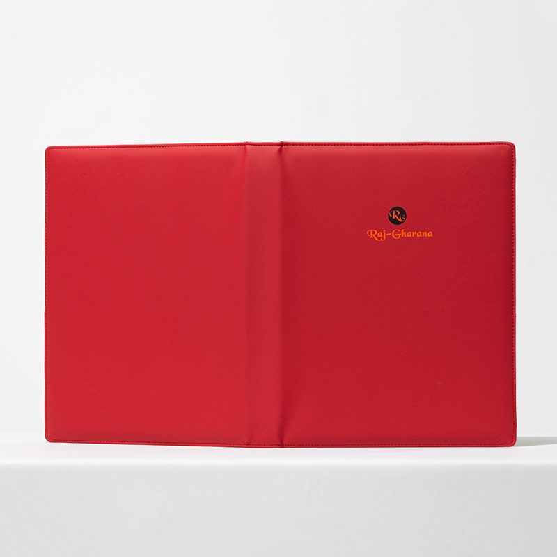 Custom Raj-Gharana Luxury Hotel Guest Directory – Premium Red Faux Leather Folder with Embroidered Brand Logo and Precision Perimeter Stitching - Image 2